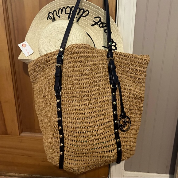 Michael Kors Large Black and Rattan Straw Tote - Picture 1 of 7